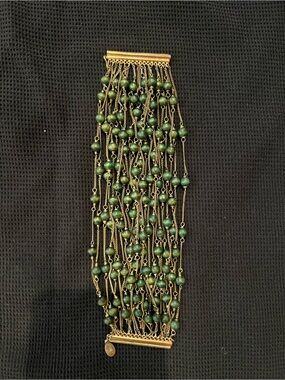 Unique Anthropologie VTG Green Wooden Beaded Multi-Strand Gold Bracelet